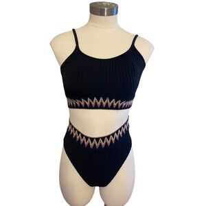 Black Ribbed High Waisted Bikini Set Boho Embroidered Trim Swimwear S Vacation